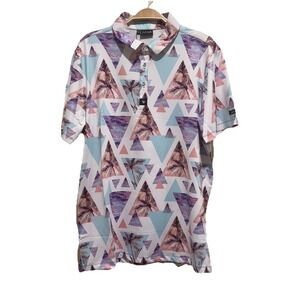 Bad Birdie Mens Size Medium Golf Geometric Multi Palm Tree Short Sleeve Polo NWT